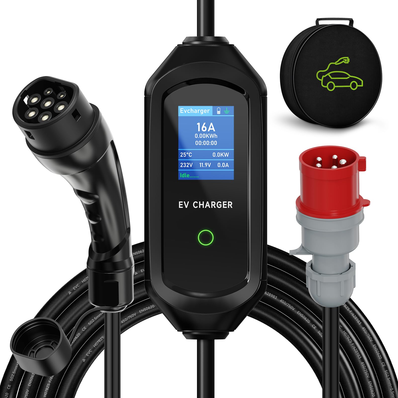 Mobile Wallbox 11 kW, tipo 2 cavo di ricarica 5 m, 3 fasi, 6-16 A, potenza di ricarica regolabile, indicatore LED, IP65, impermeabile, cavo di ricarica portatile CEE 16 A a tipo 2, caricabatterie EV