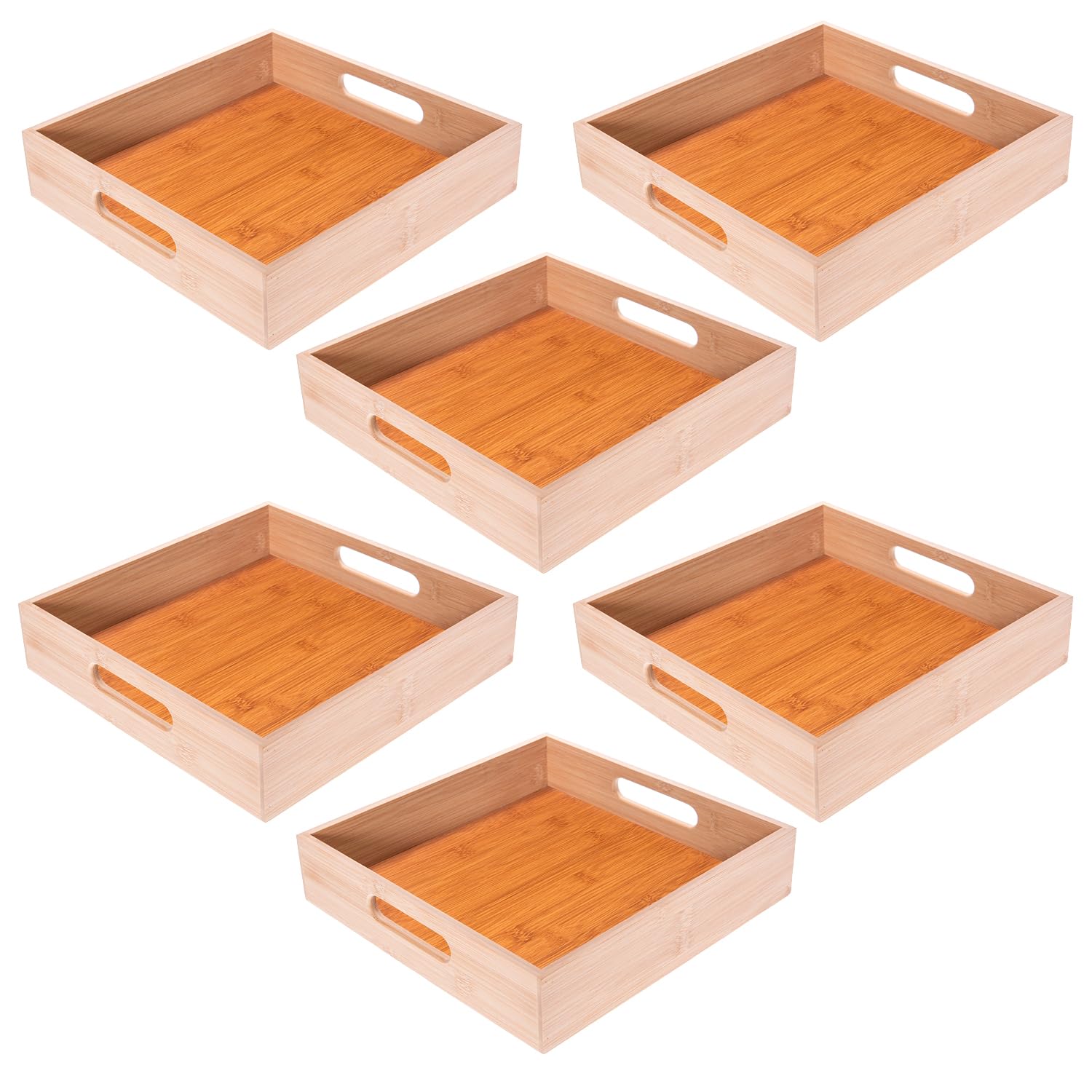 Pack 6 Bandejas de Bambú. Varios Tamaños a Elegir. Bandeja Cuadrada o Rectangular para Servir Comida, Decoración de Interiores, Centro de Mesa. para Hogares, Hostelería, Eventos (27 x 27 x 6 cm)