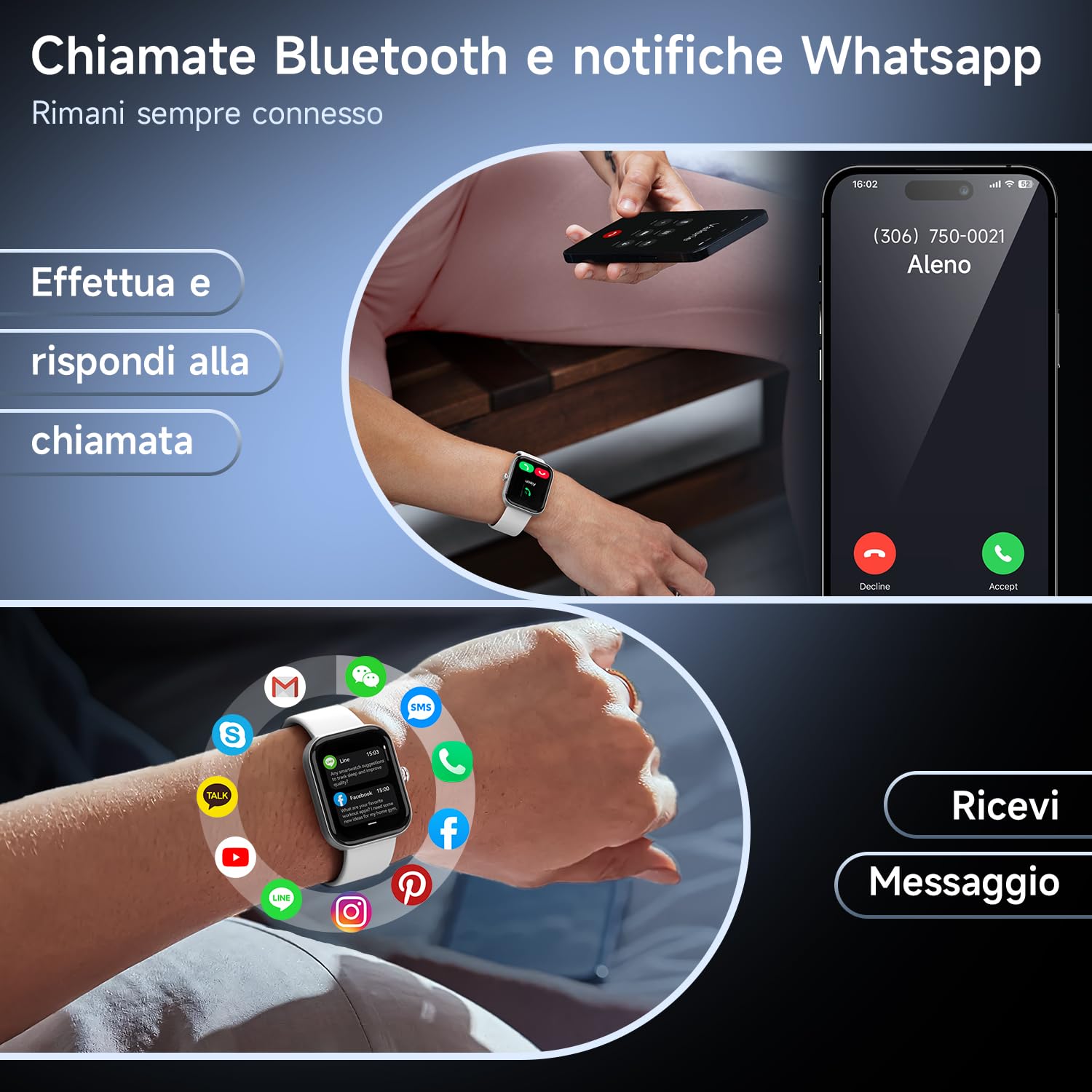 WMK Smartwatch Donna Orologio Fitness con Rispondere effettuare Chiamate Cardiofrequenzimetro Sonno Alexa AI SpO2 Contapassi-IP68 Smart watch con 110+ Sportive Giochi per iOS Android(Bianco)