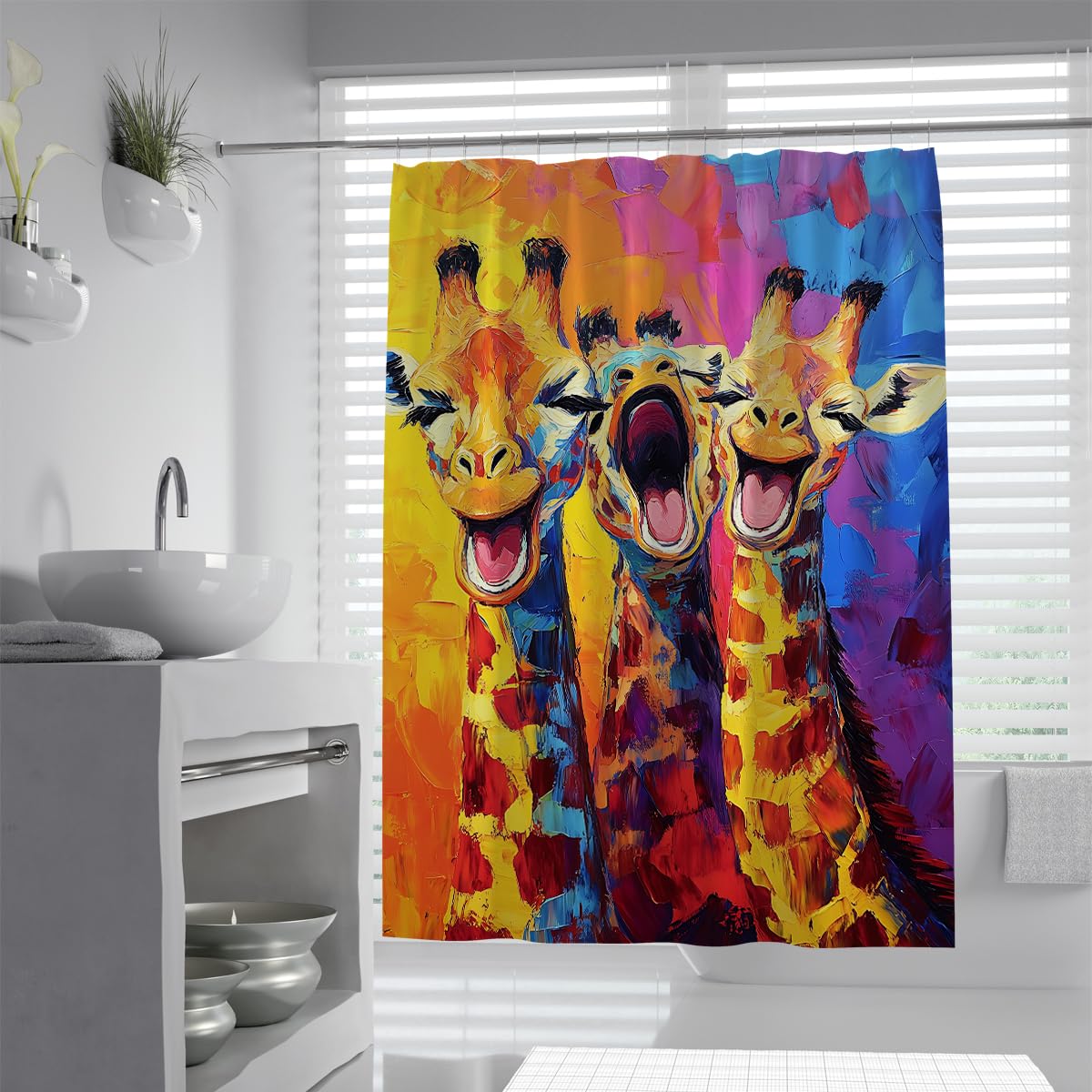 UIRINGART Colorful Giraffes Shower Curtain W120xL180cm Abstract Oil Painting Wildlife Print Polyester Anti-mould Lightweight Machine Washable Hotel Bath Curtain with Hooks