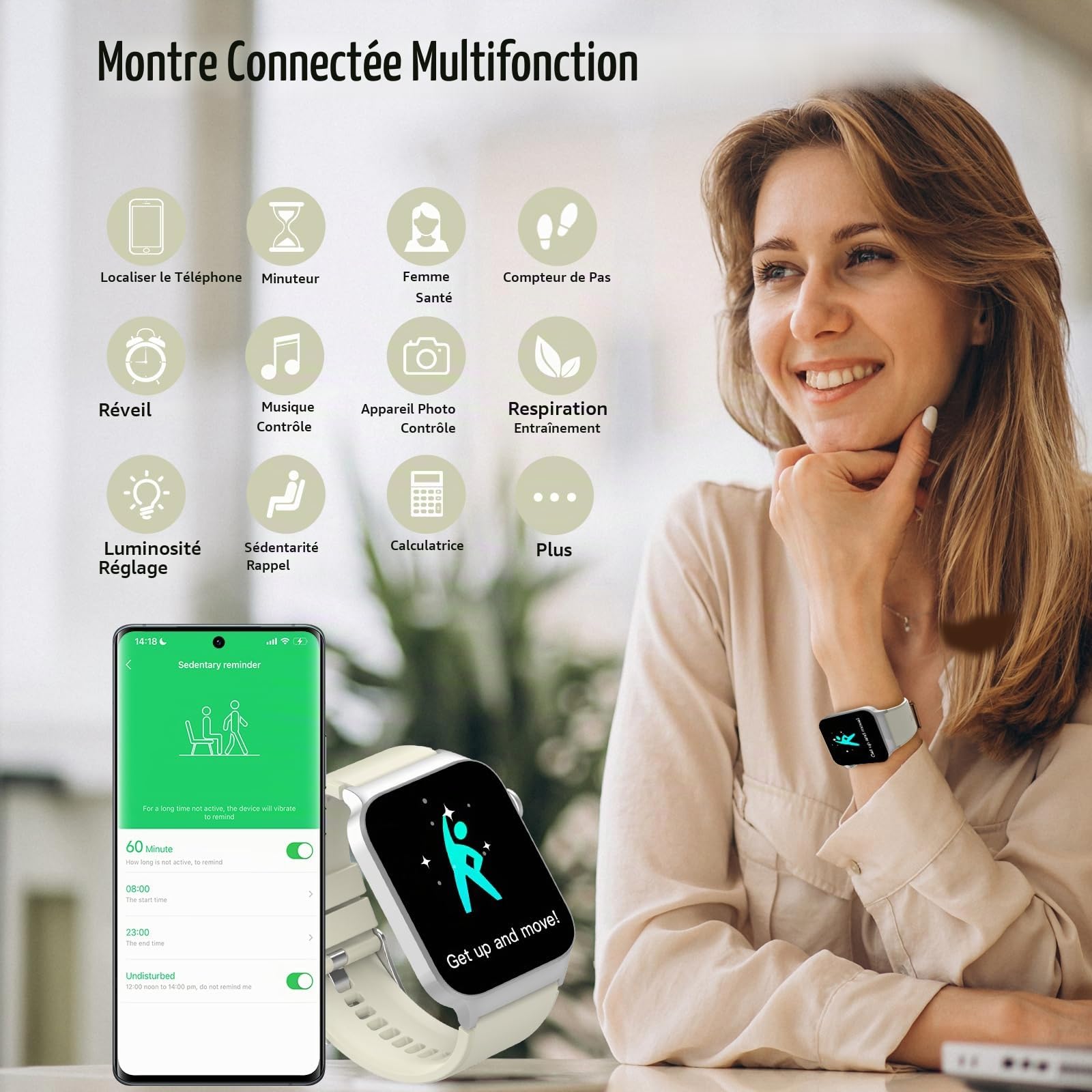 STECEi Montre Connectée Homme Femmes avec Appel Bluetooth, 1.85" Smartwatch avec 110+ Sportifs,Etanche IP68 Smart Watch, Podometre/Cardiofrequencemetre/Sommeil, Montre Sport, Blanc