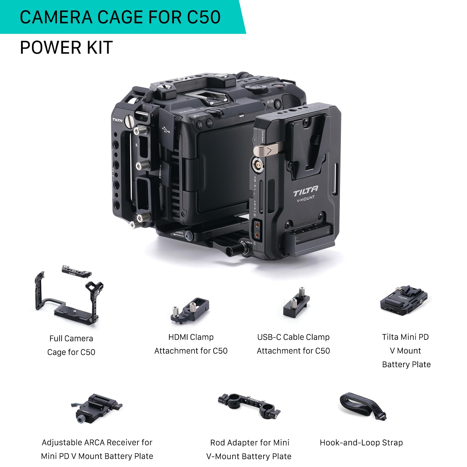 Tilta C50 Cage, Kamerakäfig-Power-Kit Kompatibel mit C50 mit ARCA-Empfänger, V-Mount-Batterieplatte – Schwarz TA-T93-C-B