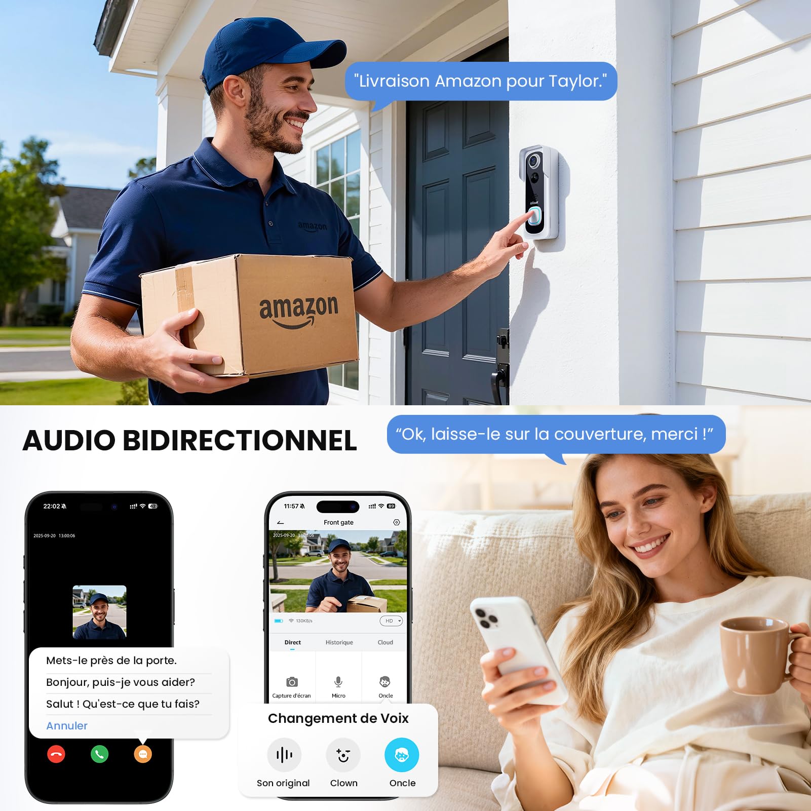 ieGeek 2K Sonnette sans Fil Exterieur Etanche, Sonnette Vidéo avec Caméra Compatible Alexa, Install Facile, Détection IA, IP66 Étanche,Vision Nocturne, Stockage Cloud, WiFi 2,4 GHz Uniquement (Blanc)