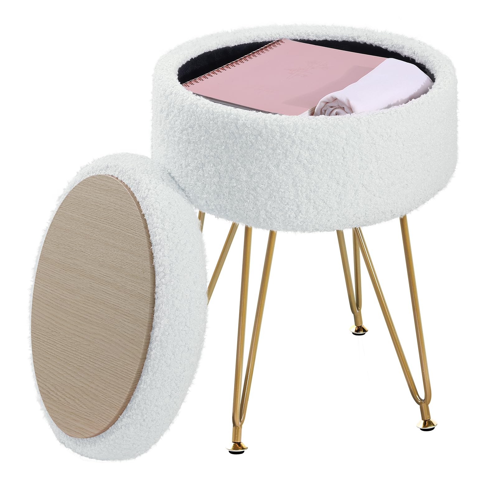 ABHENG Puff Almacenaje, Redondo, Taburete Silla de tocador de Piel sintética con Almacenamiento, Pouf Taburete de sofá. Asiento para tocador, Mesa Lateral, 32 x 32 x 44 cm, Blanco Crema, ASND51W