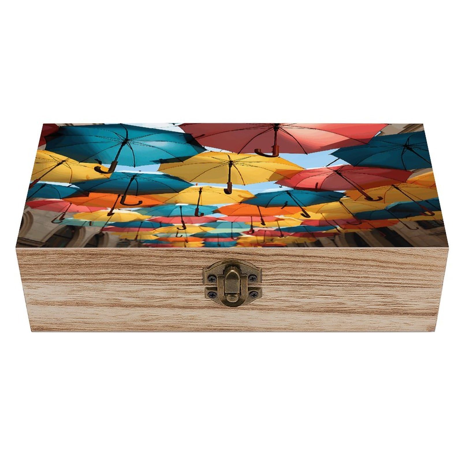 Boîte en bois déco pour photos et souvenirs de famille, motif parapluies colorés