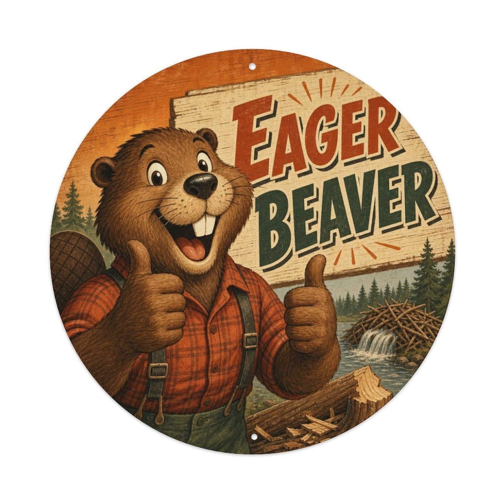 Folk Style Beaver River Wildlife Busy Builder Vintage Metal Tin Sign