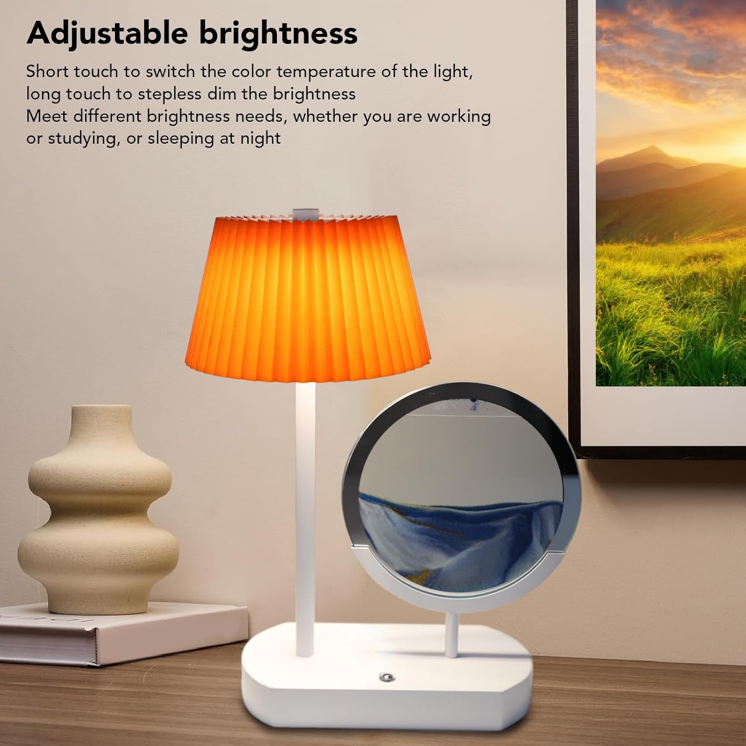 Moving Sand Art Desk Lamp, 2000mAh Creative Cordless Touch Control Stepless Dimming 3 Color Brightness Adjustment Quicksand Lamp for Home Bedroom Office Living Room