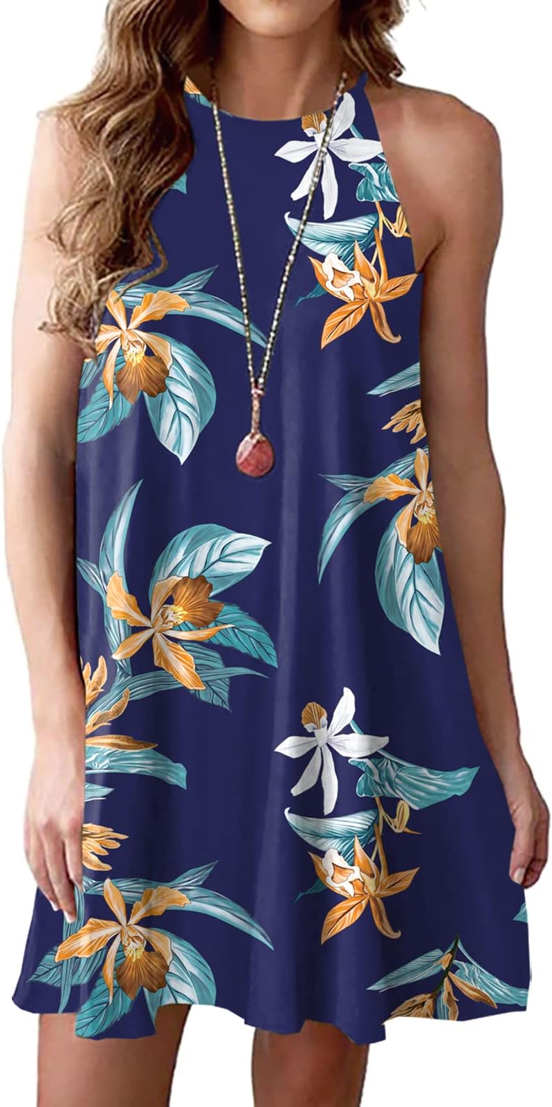 Women's Halter Neck Boho Floral Print Loose Casual Sleeveless Short Dress