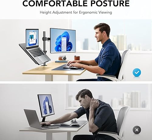 Vista 3 de HUANUO Adjustable Monitor Stand, Single Arm Desk Mount for 32 inch Screen and 17 inch Laptop, Heavy Duty Ergonomic Bracket Holds 22lbs