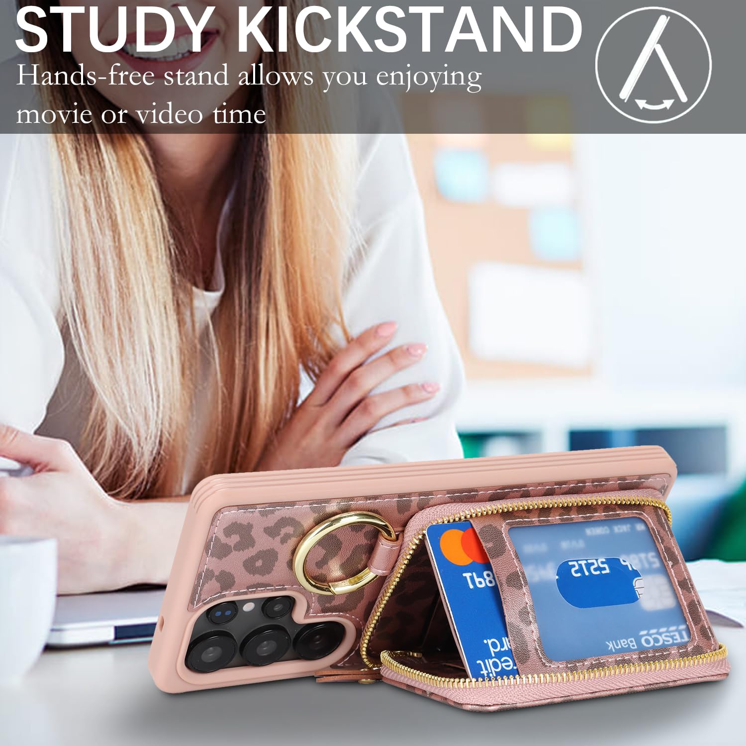 Etui do Galaxy S25 Ultra z uchwytem na karty, do Galaxy S25 Ultra etui na telefon portfel z zamkiem błyskawicznym z przegródką na podpórkę etui dla kobiet i mężczyzn 17.5 cm, różowe złoto