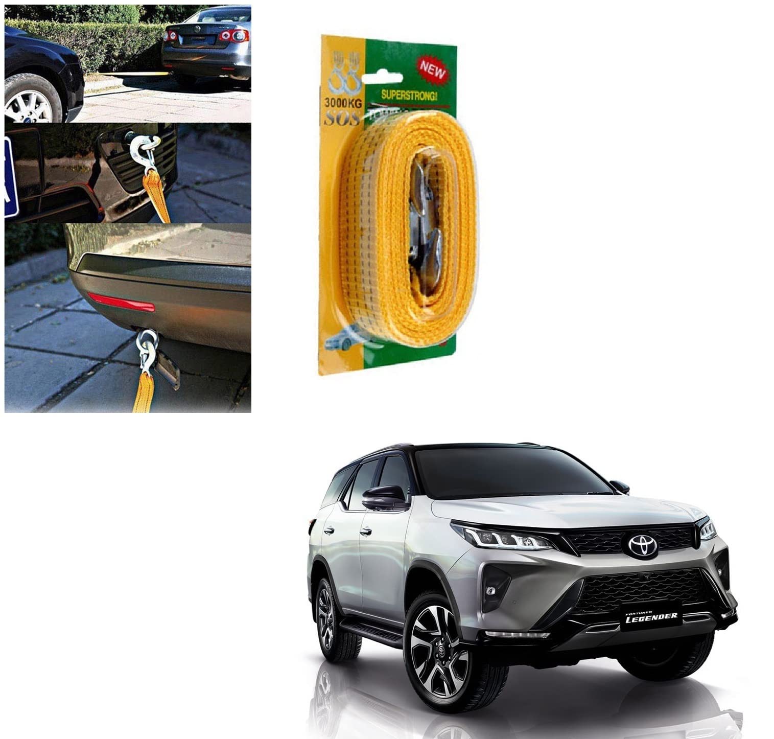 Auto Addict 3 Ton 3 MTR Nylon Car Truck Towing Rope Cable for Heavy Duty Car Emergency Tow Pull Rope Strap Hooks Van Road Recovery for Toyota Fortuner-Legender New 2021-image-26