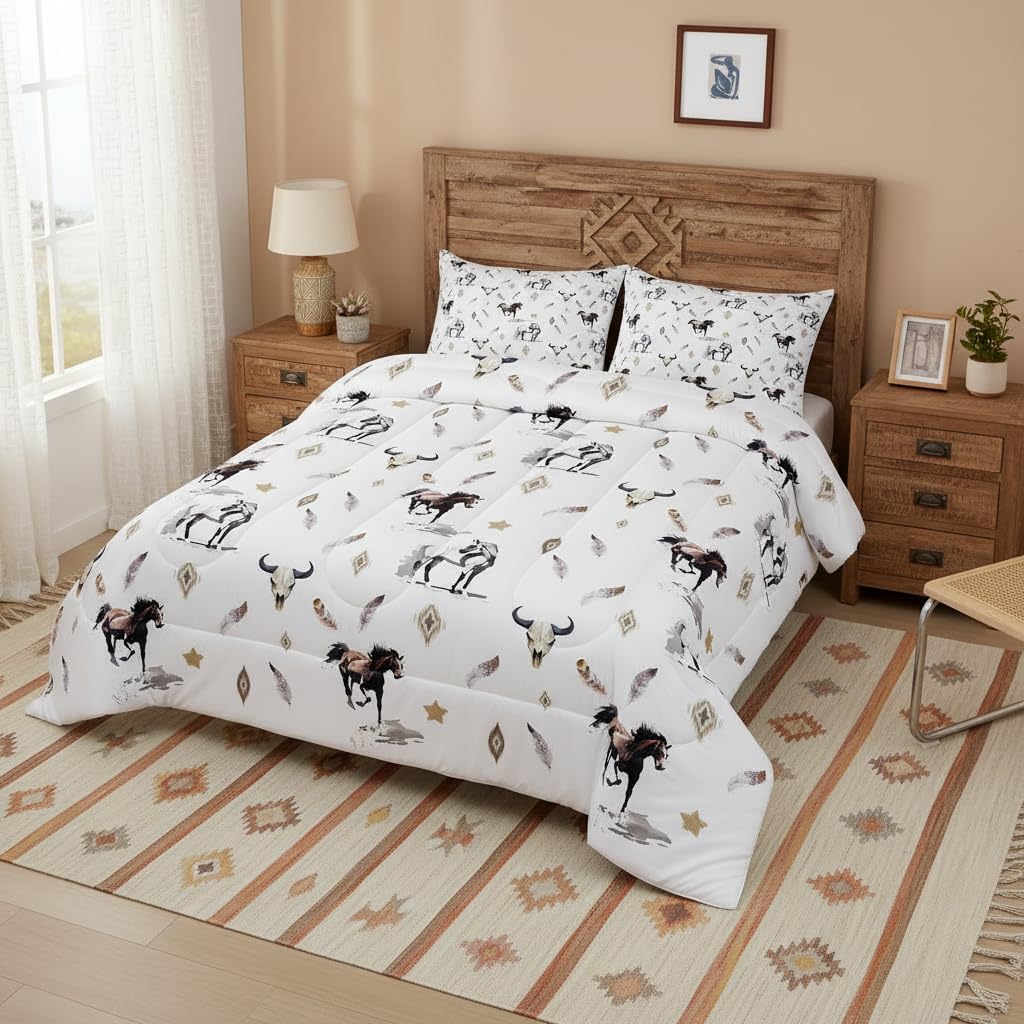 Horse Comforter Set Twin Size,Bull Skull Western Bedding Set 2Pcs America Southwest Tribal Feather Aztec Quilt Set for Kids Boys Girls Adult Room Decor Rustic Farmhouse Duvet Insert,White