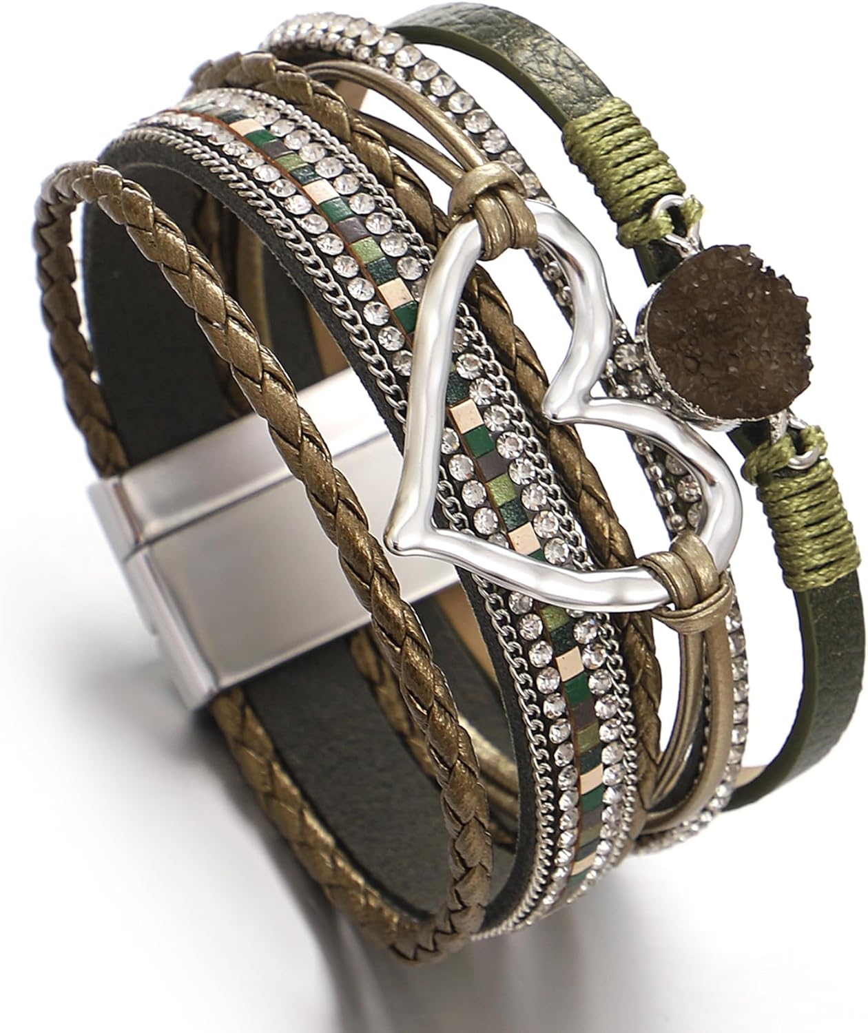 Leather Wrap Bracelet for Women Beaded Cuff Bracelet with Heart-shape Decor Bohemian Crystal Bracelet Jewelry with Clasp Bangle Bracelet for Women Girls Birthday Holiday Gift - Image 5