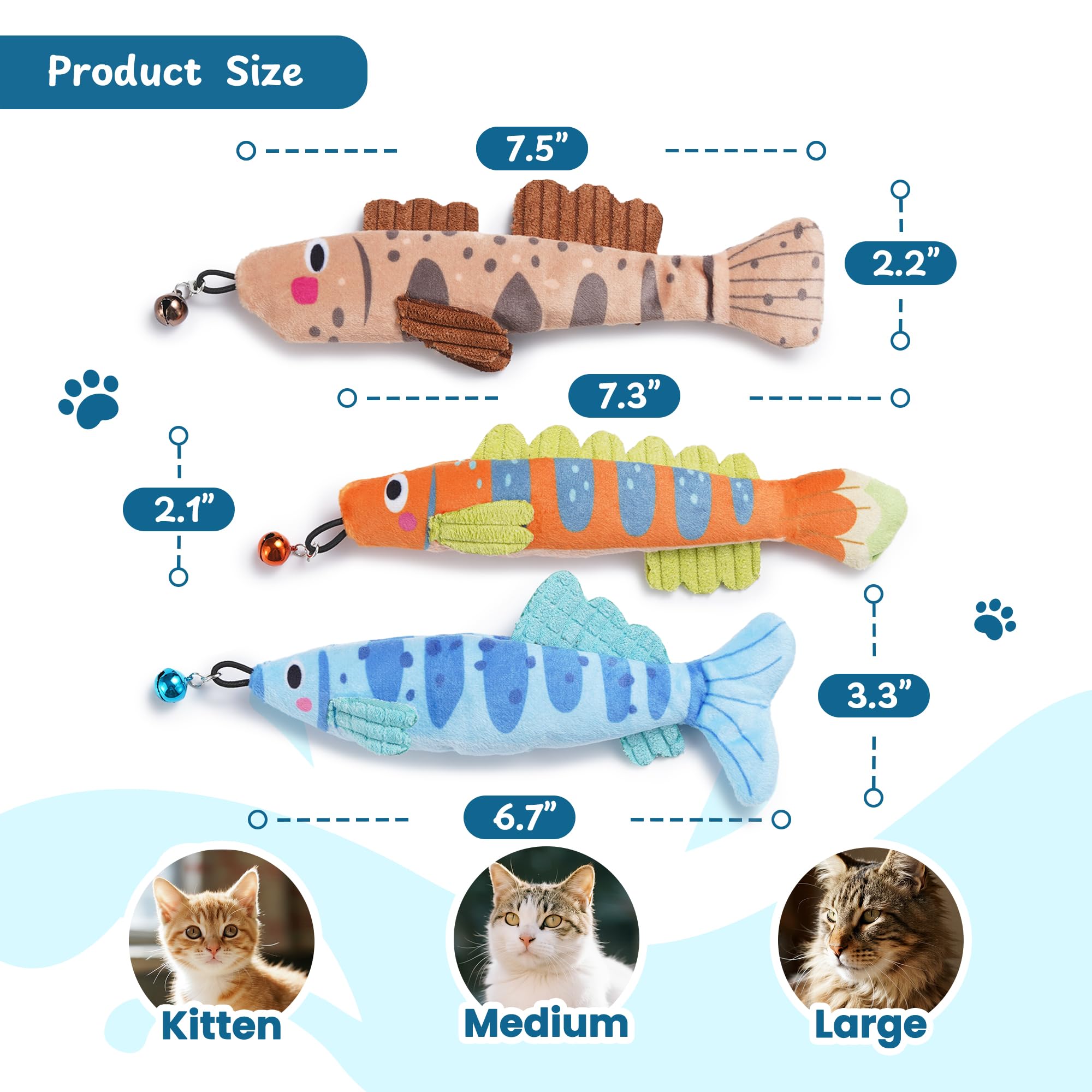 PURETOY Katzenminze-Spielzeug, extra großes Spielzeug für Indoor-Katzen mit abnehmbarer Glocke, 100% natürliche nordamerikanische Katzenminze, Schlenkerfisch, Katze, Knistergeräusch und weiche