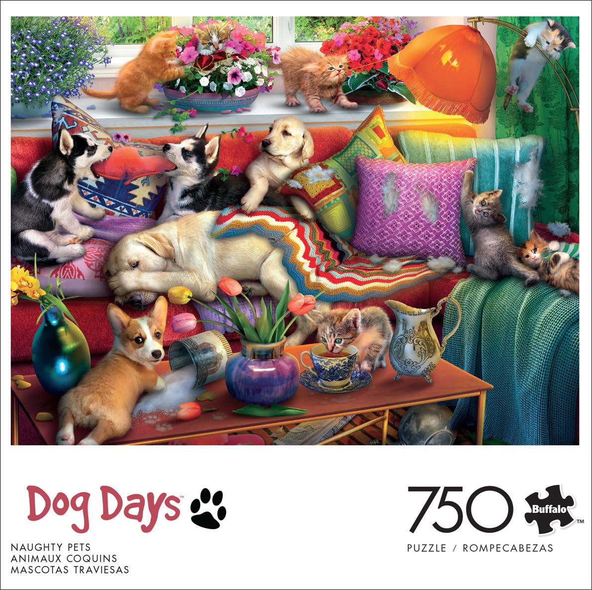 Buffalo Games Dog Days Puzzle – 750 Teile „Naughty Pets“ | Fertiggröße 61 X 45,7 Cm | Mit Poster & Aus Recyceltem Material | Für Erwachsene & Jugendliche Ab 14