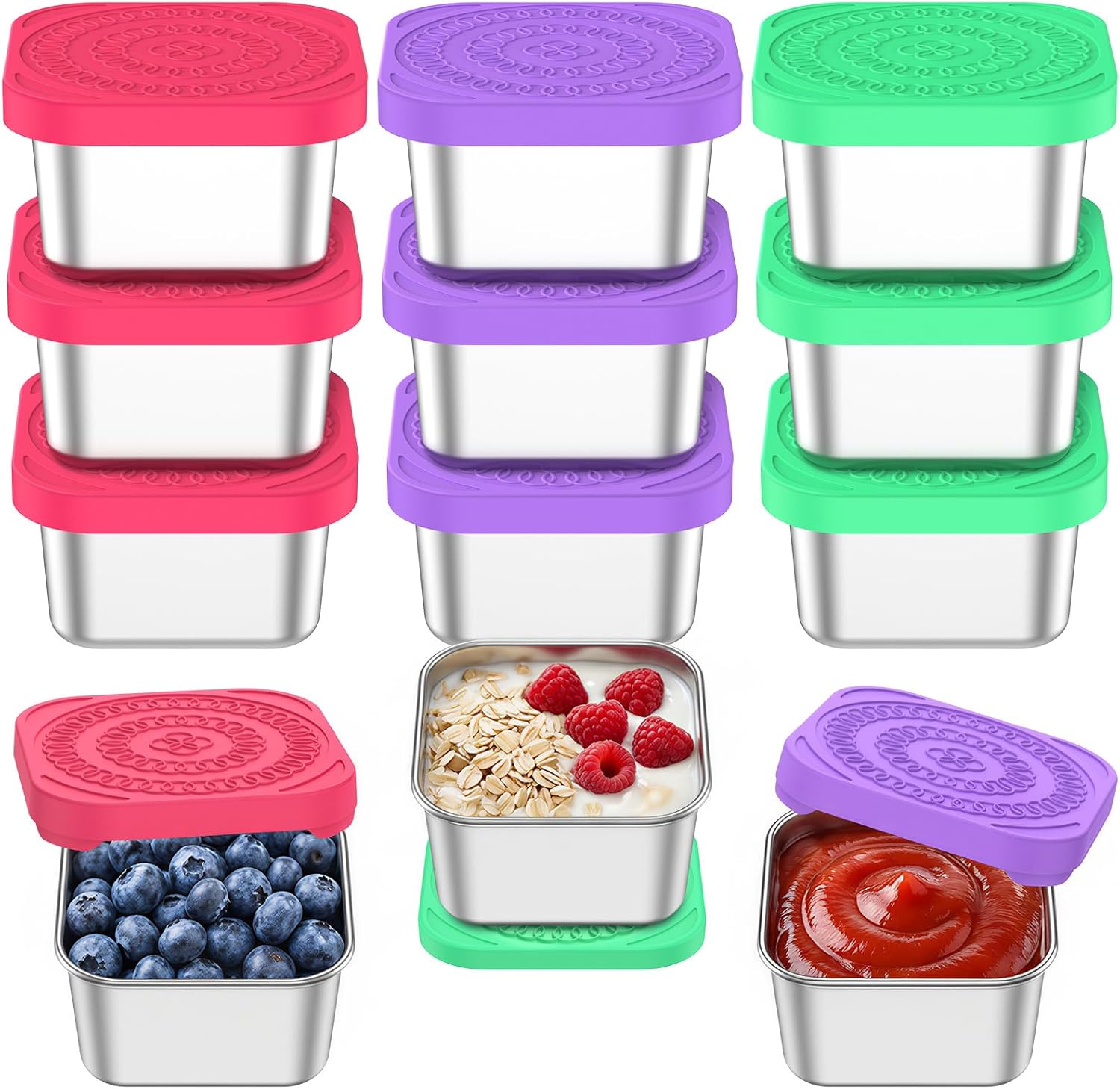 12 Pack 6oz Stainless Steel Snack Containers with Lids, Leak Proof Salad Dressing To Go Containers with Silicone Lids Stackable Reusable Meal Prep Condiment Sauce Cups for Lunch Box, Travel, Picnic