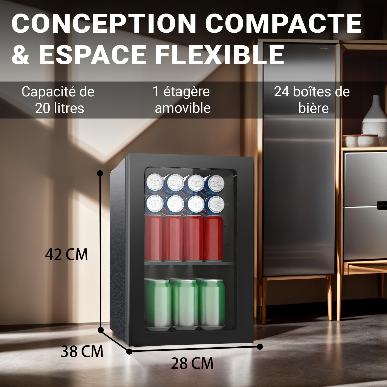 Réfrigérateur de boissons, 24 canettes/20 litres, mini réfrigérateur avec porte transparent pour limonade, bière ou vin, plan de travail, réfrigérateur avec étagères amovibles réglables - 2