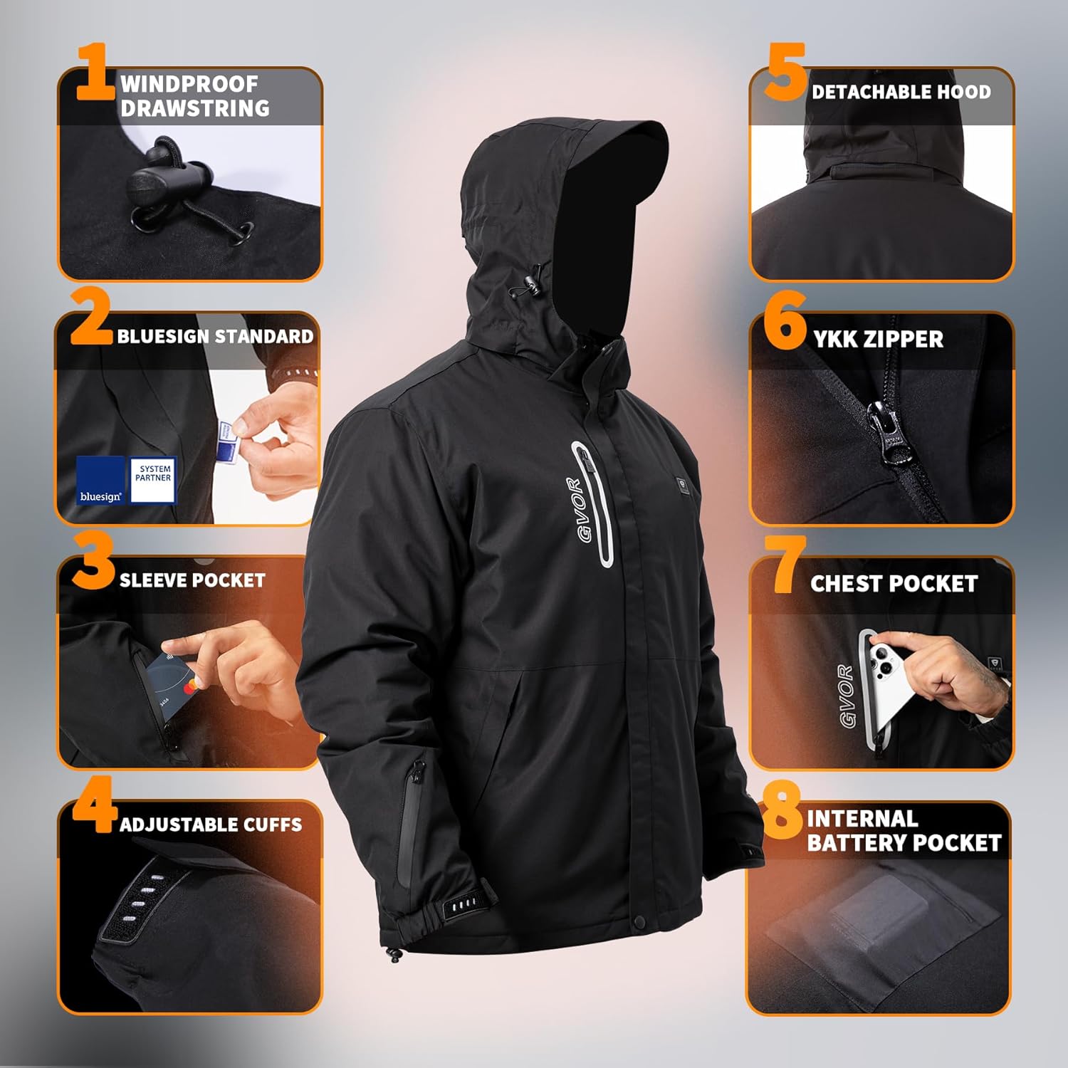 Men's Heated Jacket with 12V Battery Pack,Detachable Hood,Winter Outdoor Keep warm Coat Electric Insulated Jackets - Image 5