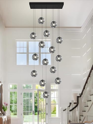 Miniatura 297 de Escalera LED de 10 luces LED moderna con globo de cristal, lámpara colgante grande para techos altos, accesorios de iluminación de entrada, villas y