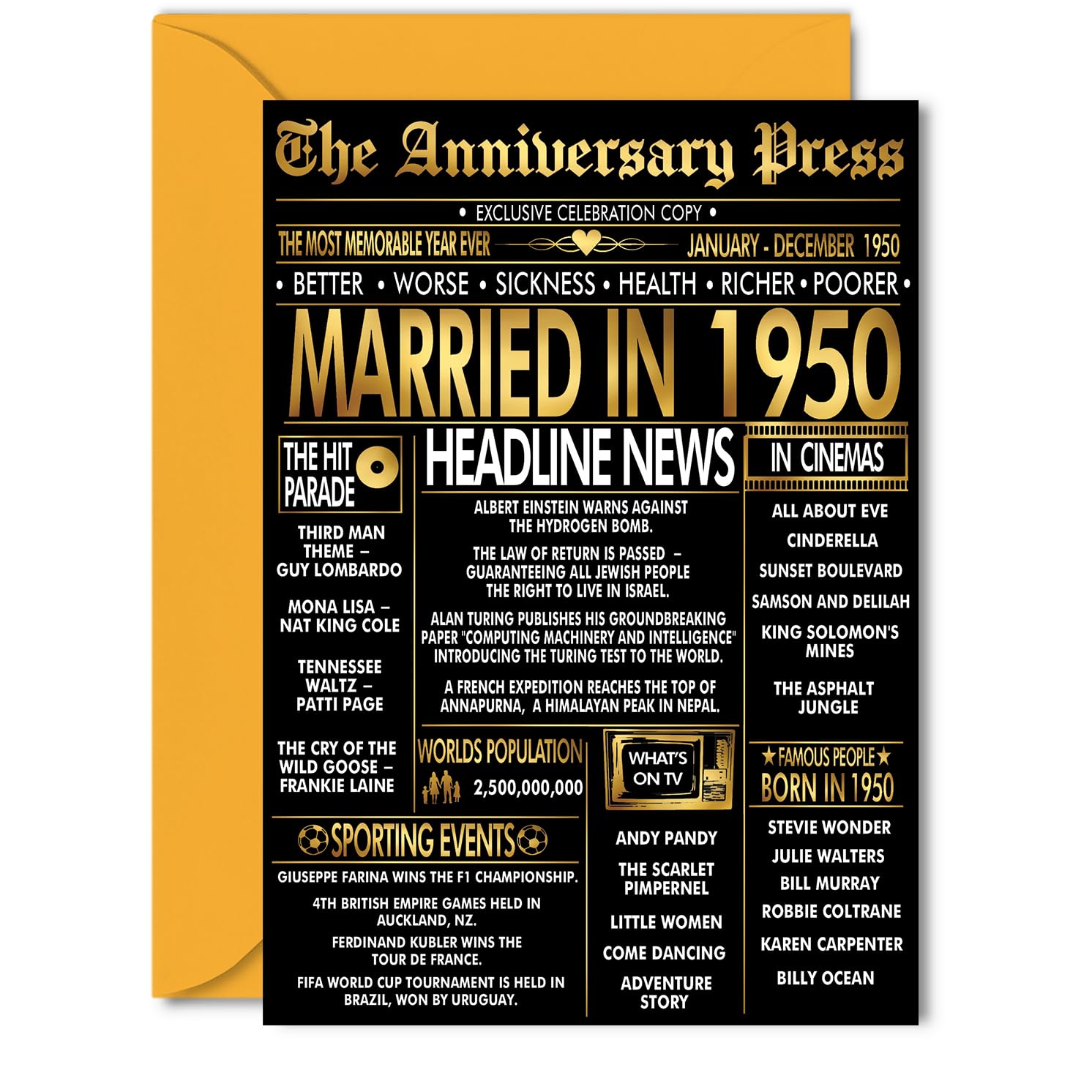 Gold 76th Anniversary Card for Women Men - Golden Newspaper Married in 1950-76 Year Wedding Anniversary Card for Companion Husband Partner Wife, 5x7 Inch Anniversaries Greeting Cards