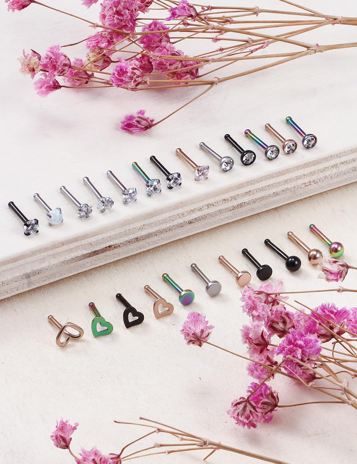 Yaalozei 18G 20G Nose Rings Piercings Hypoallergenic Nose Studs 316L Surgical Steel Heart Nose Rings L Shaped Straight Screw Nose Piercing Jewelry for Women Men Silver Black Rose Gold Colorful - Image 5