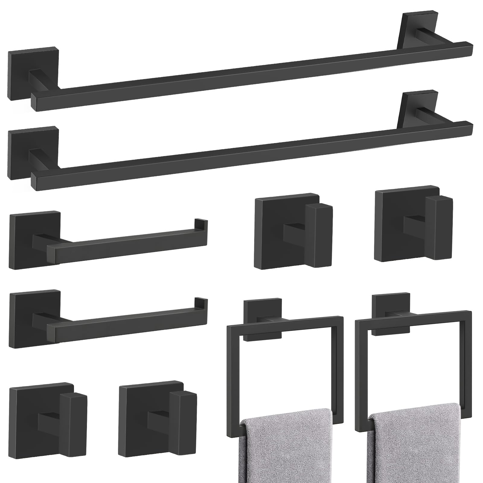 TQKAG 5-Pieces Matte Black Bathroom Hardware Accessories Set 23.6" SUS304 Stainless Steel Towel Bar Set Wall Mounted Square Toilet Paper Holder with Shelf — Amazon image 16