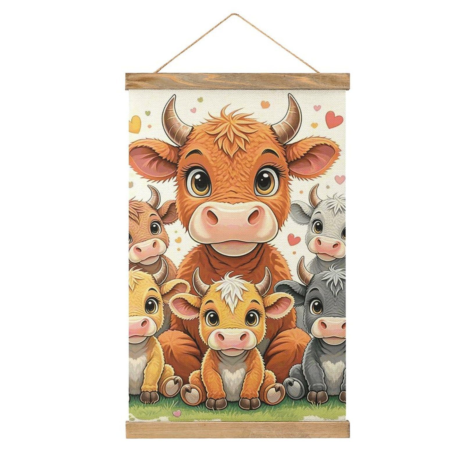 Fodpand Style Cow Wall Art 20.4"X13.1" - Linen Canvas Hanging Banner Poster With Wooden Frame, Pictures Artwork Wall Art Decor For Living Room Bedroom Office, Ready To Hang