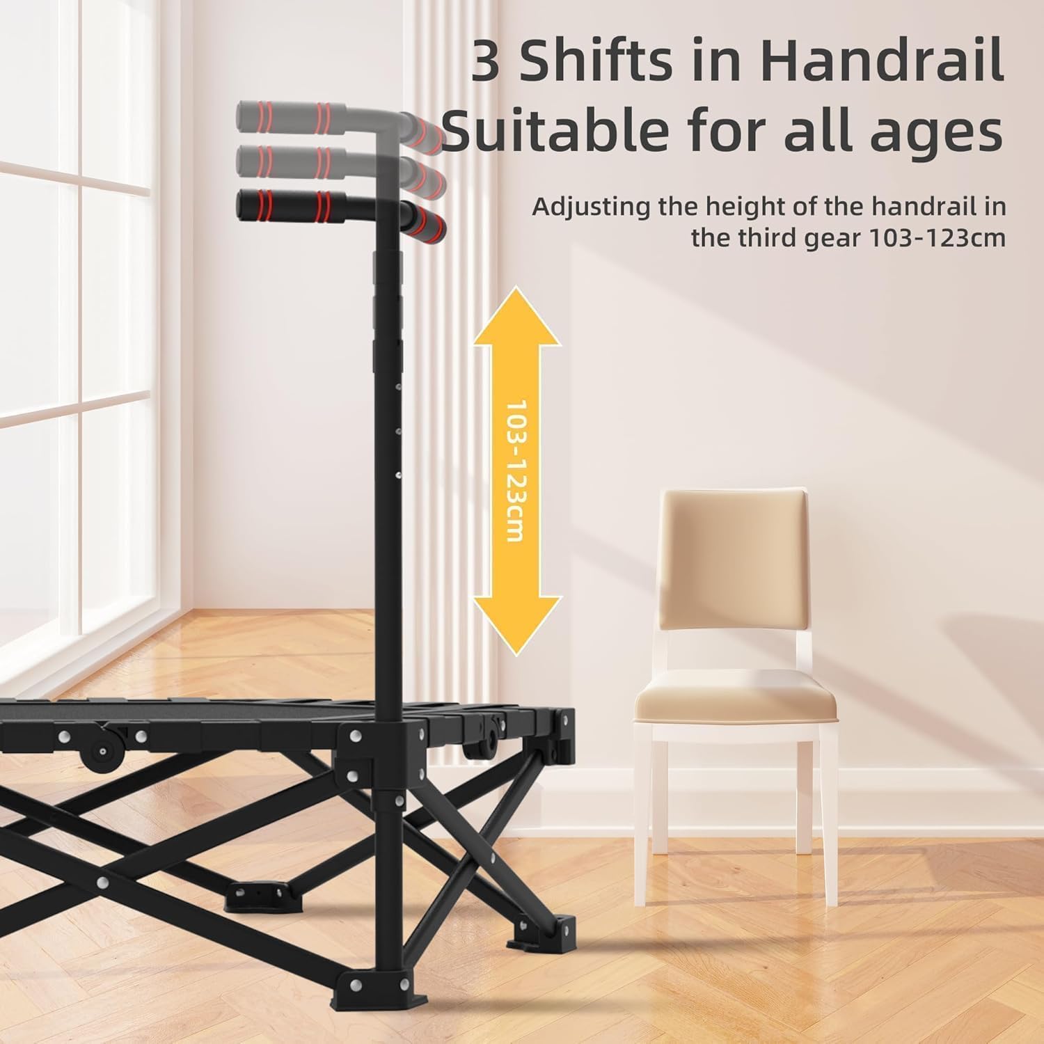 Fitness Trampolin in Studioqualität,Ø106cm Mini Indoor Trampolin für Cross Jumping bis 200kg belastbar,höhenverstellbarer Handgriff,Stabil & leise