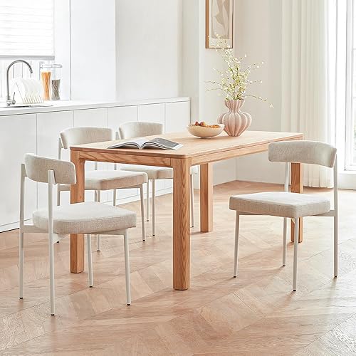 Juego de 4 sillas de comedor de tela beige, silla de cocina tapizada sin brazos, moderna silla de comedor con respaldo curvado