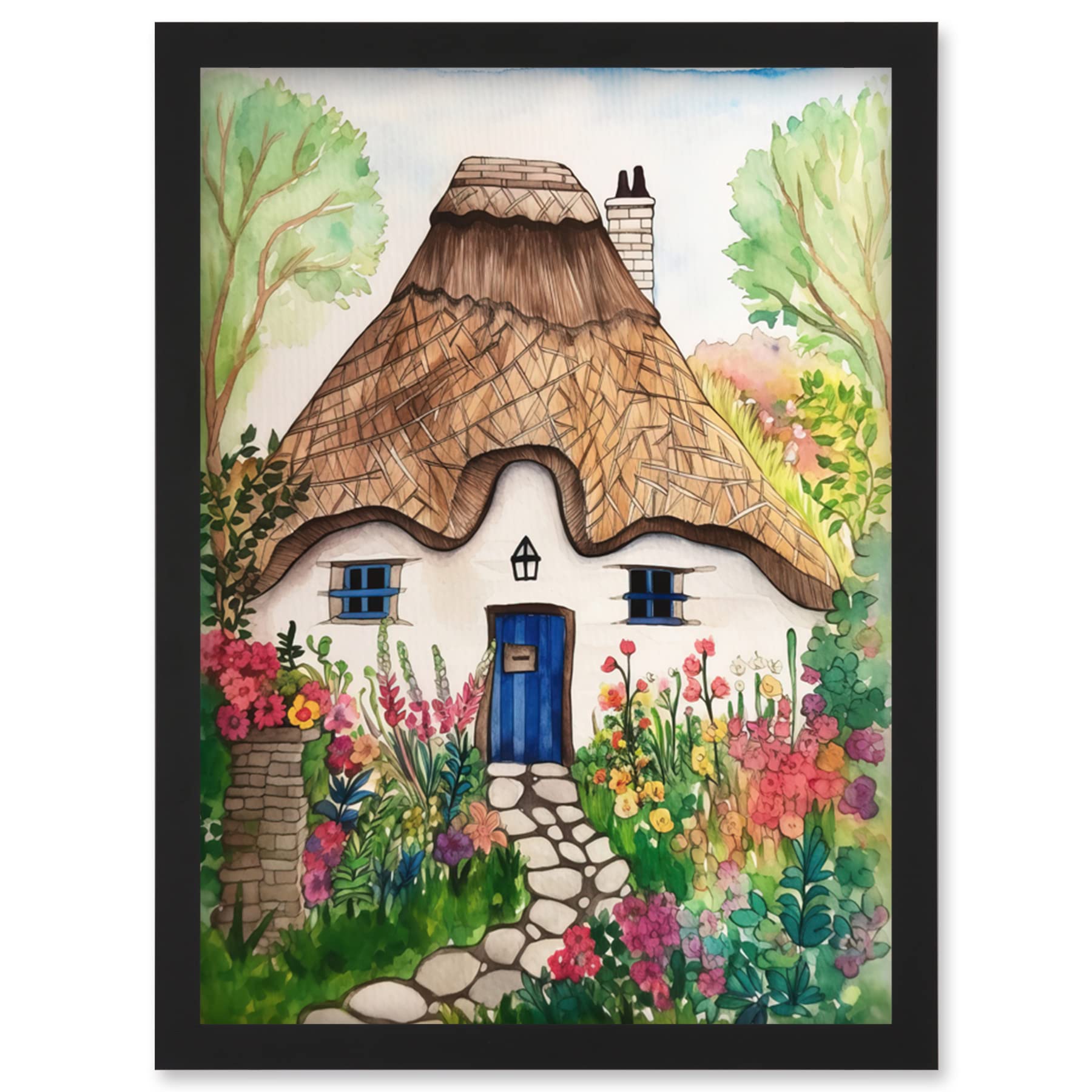 Artery8 The Cottage In The Forrest Flowers Folk Art Artwork Framed Wall Art Print A4