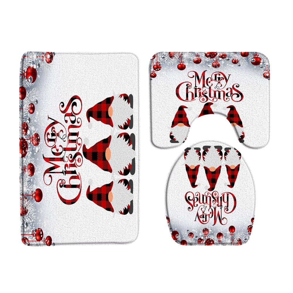 Sunhe 3 Piece Christmas Gnome Bath Mat Sets Cute Gnome Folklore Elves Red Black Buffalo Plaid Pine Twig Xmas Balls Winter Holiday Bathroom Rug,Toilet Seat Cover,U-Shaped Floor Mat