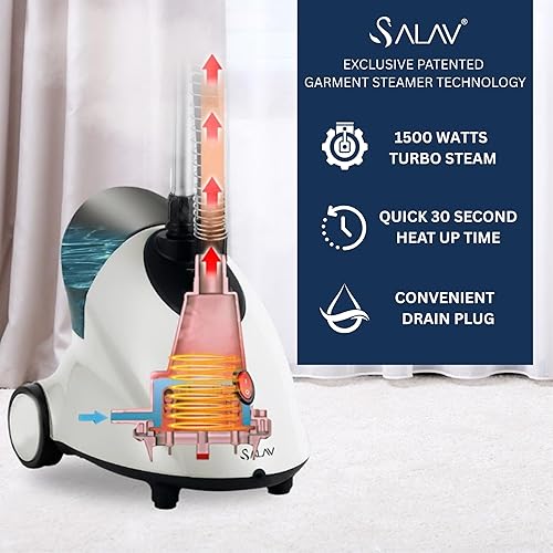 Miniatura 5 de SALAV GS18 Full-Size Clothes Steamer - 1500W Power, 1.8L Water Tank, 60-Min Garment Steam, Iron Clothing, Adjustable Pole & Wheels for Easy Storage