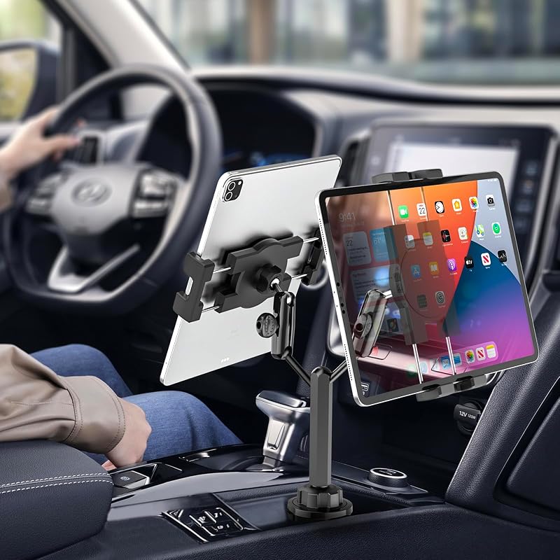woleyi Dupla Eszköztartó Pohártartóba - Állítható Fém Karos Tablet és Telefon Tartó Autóba, 4-12,9" Készülékekhez, iPad, Galaxy Tab, iPhone