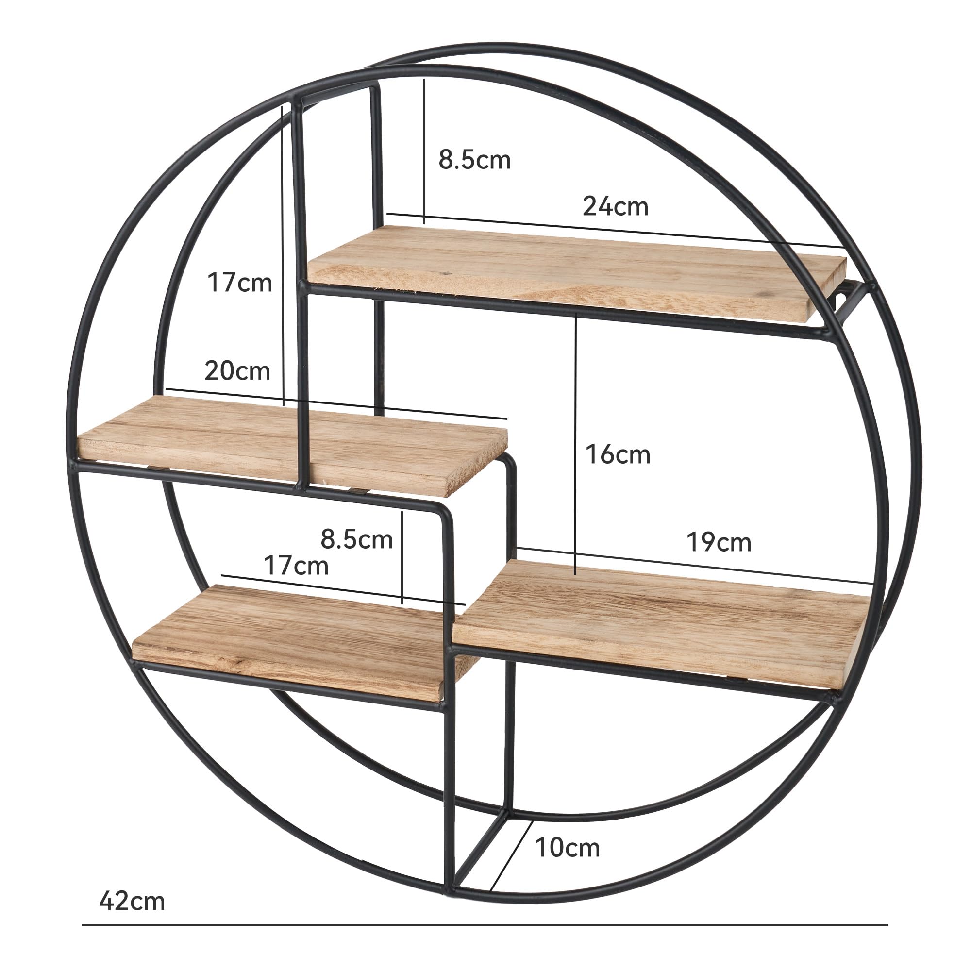 AKTIVE Max Home Scaffale Da Parete Rotondo 4 Ripiani – D50x10 Cm, Portata 4 Kg, Design Industriale In Metallo Nero E MDF Effetto Legno