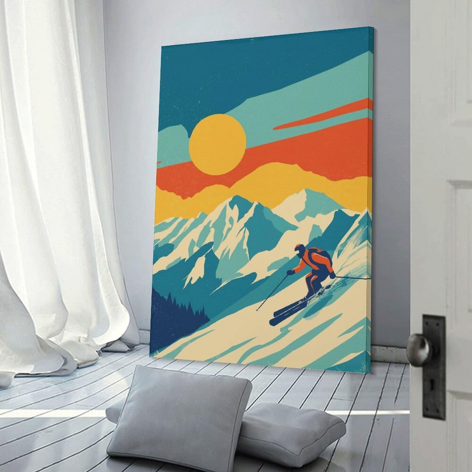 Junmoney Frame-Style-1-1 Retro Skiing Canvas Art Print, 20X30inch(50X75cm), For Living Room, Bedroom, Office Or Hallway, Decorative Artwork With Broad Appeal