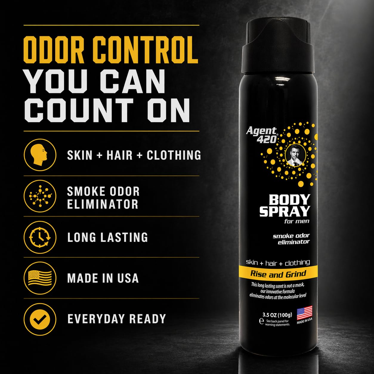 Amazon.com : Agent 420 Cannabis & Cigarette Smoke Odor Body Spray for Men,  3.5 oz — Eliminates Odors at the Molecular Level (Rise and Grind) : Health  & Household