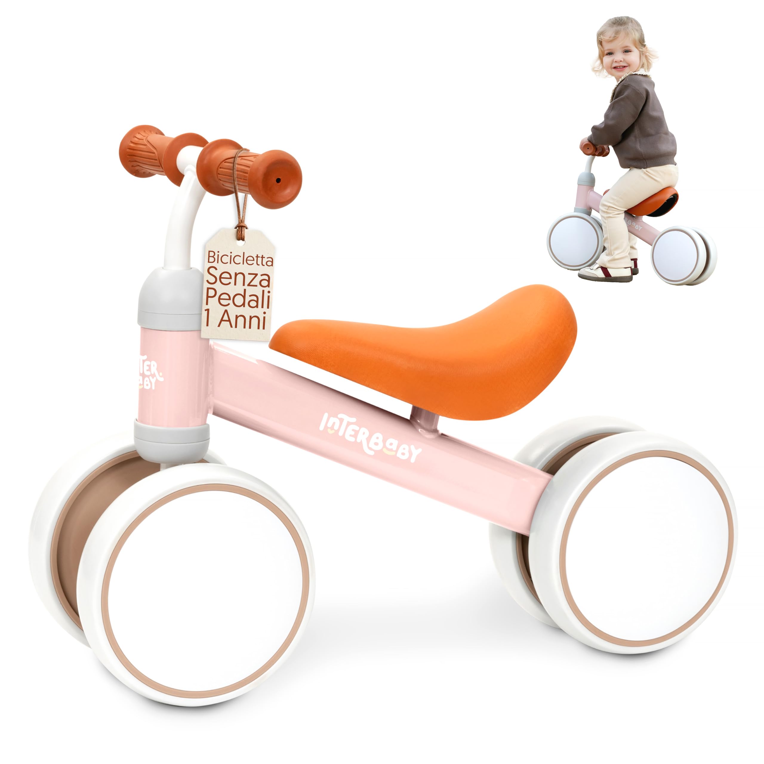 Interbaby | Bicicletta senza Pedali Bambino 1-3 Anni - Bici senza Pedali per Bambini 12-36 Mesi, Primi Passi Bambino Sicuro 4 Ruote, Prima Bici Bimbo 1-2 Anni, Regalo Bambino 1 Anno (Rosa)