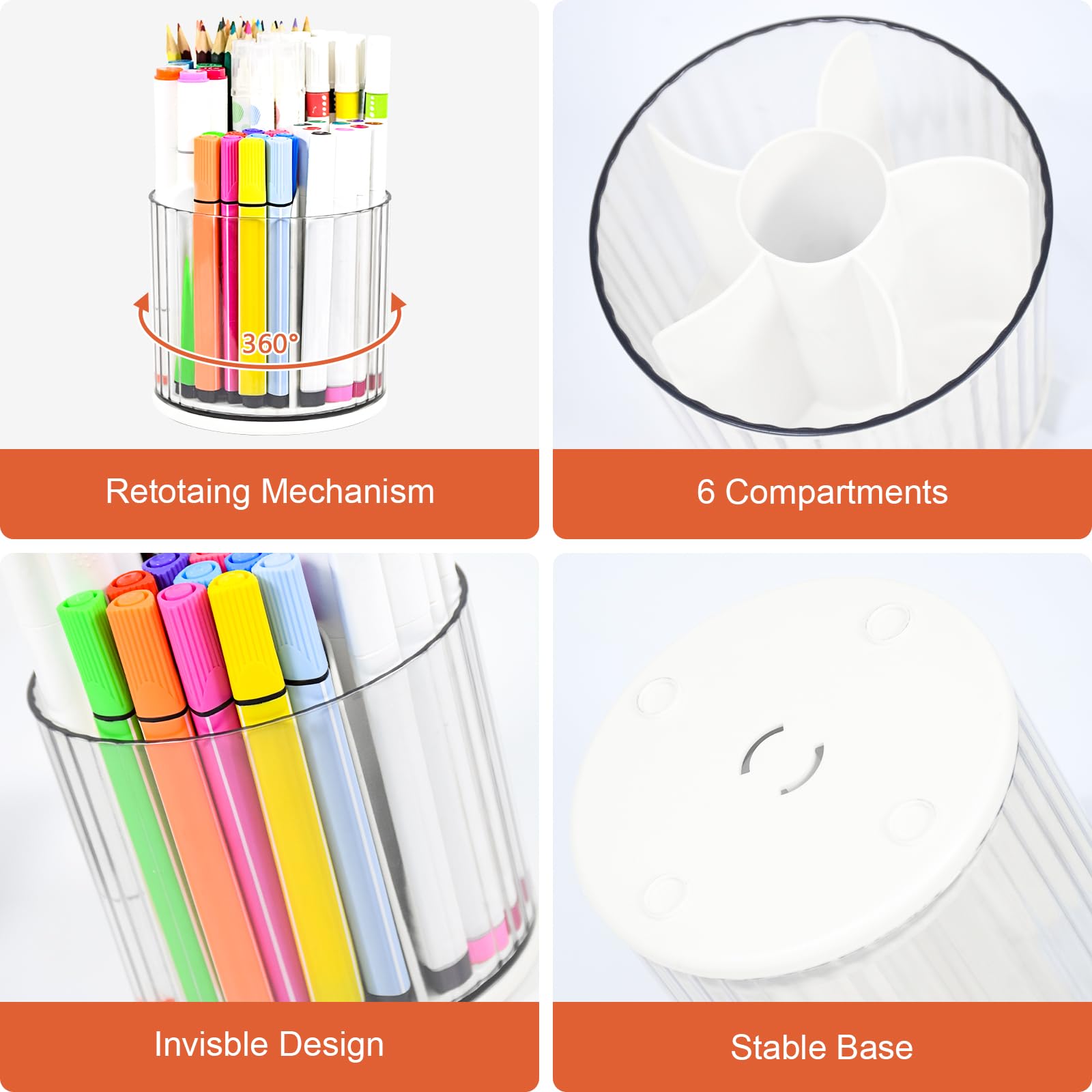 Elezeal 360 Degree Rotating Pen Pencil Holder Desk Organiser Stationery Storage 6 Slots Pencil Pots Makeup Brush Holder for Home Office Supplies Detachable Desktop Storage (Non-detachable white) - Image 4