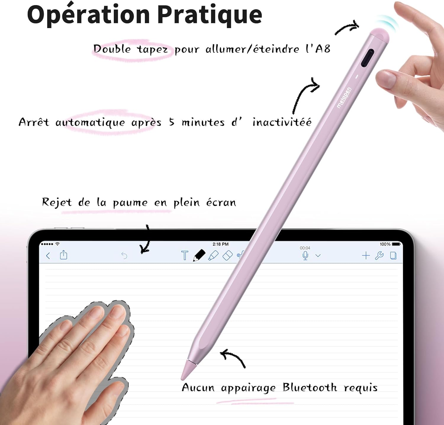 Close-up of Metapen Crayon A8 tip on an iPad screen, highlighting 0.1mm pixel precision.