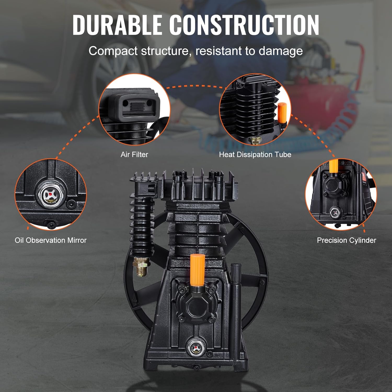 VEVOR Air Compressor Pump Head, 3HP 5.8CFM @ 90PSI, Twin Cylinder Oil Lubricated Air Compressor Piston Pump Head, Single-Stage Aluminum Replacement with Max. 116PSI Pressure