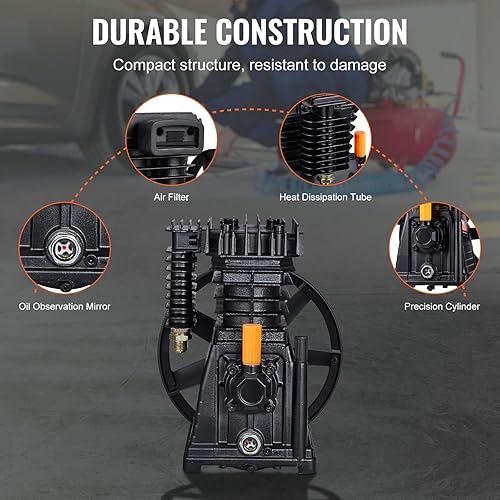 Miniatura 6 de VEVOR Cabezal de bomba de compresor de aire, 3HP 5.8CFM  90PSI, cabezal de bomba de pistón de compresor de aire lubricado con aceite de doble