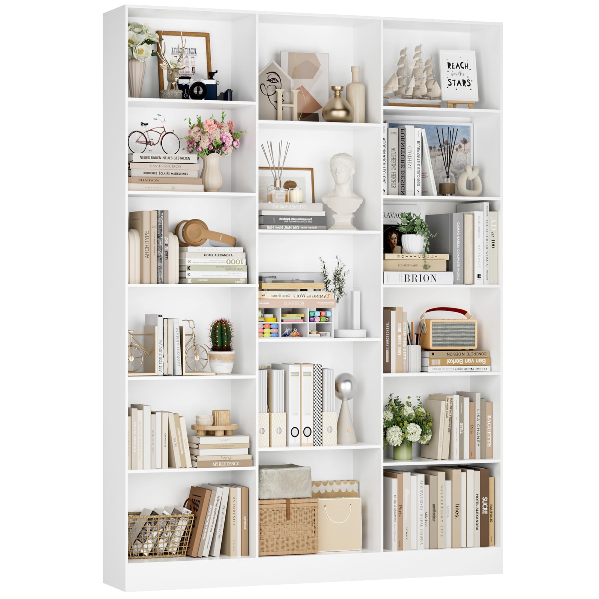FirFurd Bookcase White Bookshelf 188cm Living Room Bookcases Free Standing 6-tier Tall Shelving Unit Display Shelf with 17 Compartments for Home Office 188x149x23.5cm