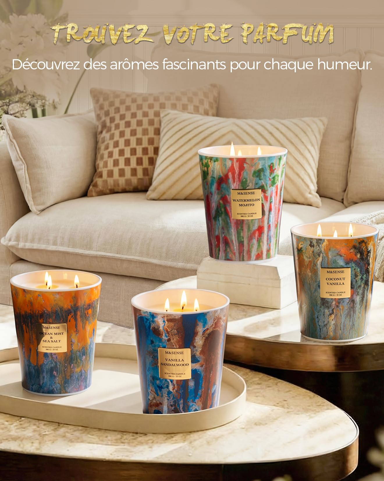 M&SENSE Grande Bougie Parfumée 3 Mèches, 990g Cire de Soja Acajou et Bois de Teck, 150 Heures, Bougie Décorative Luxe Verre Peinture à l'Huile, Cadeau Maison Bureau Concentration Homme Femme