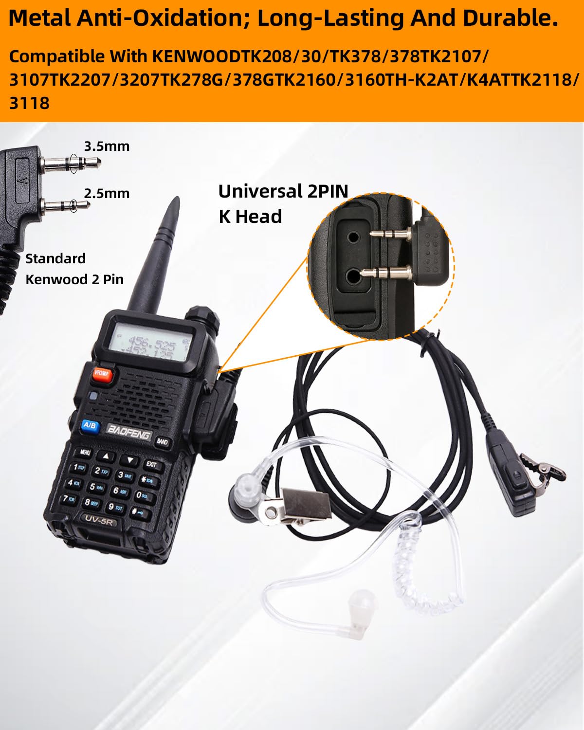 2 Pcs Oreillette Talkie Walkie 2 Broches Casque Écouteur Compatible avec La Radio Bidirectionnelle Kenwood/Baofeng BF-88E BF-88S/Tyhbelle BF-88E/RT24 RT27 RT22 RT622 RT617 RT618 RT619/Hesenate HT999 - 4