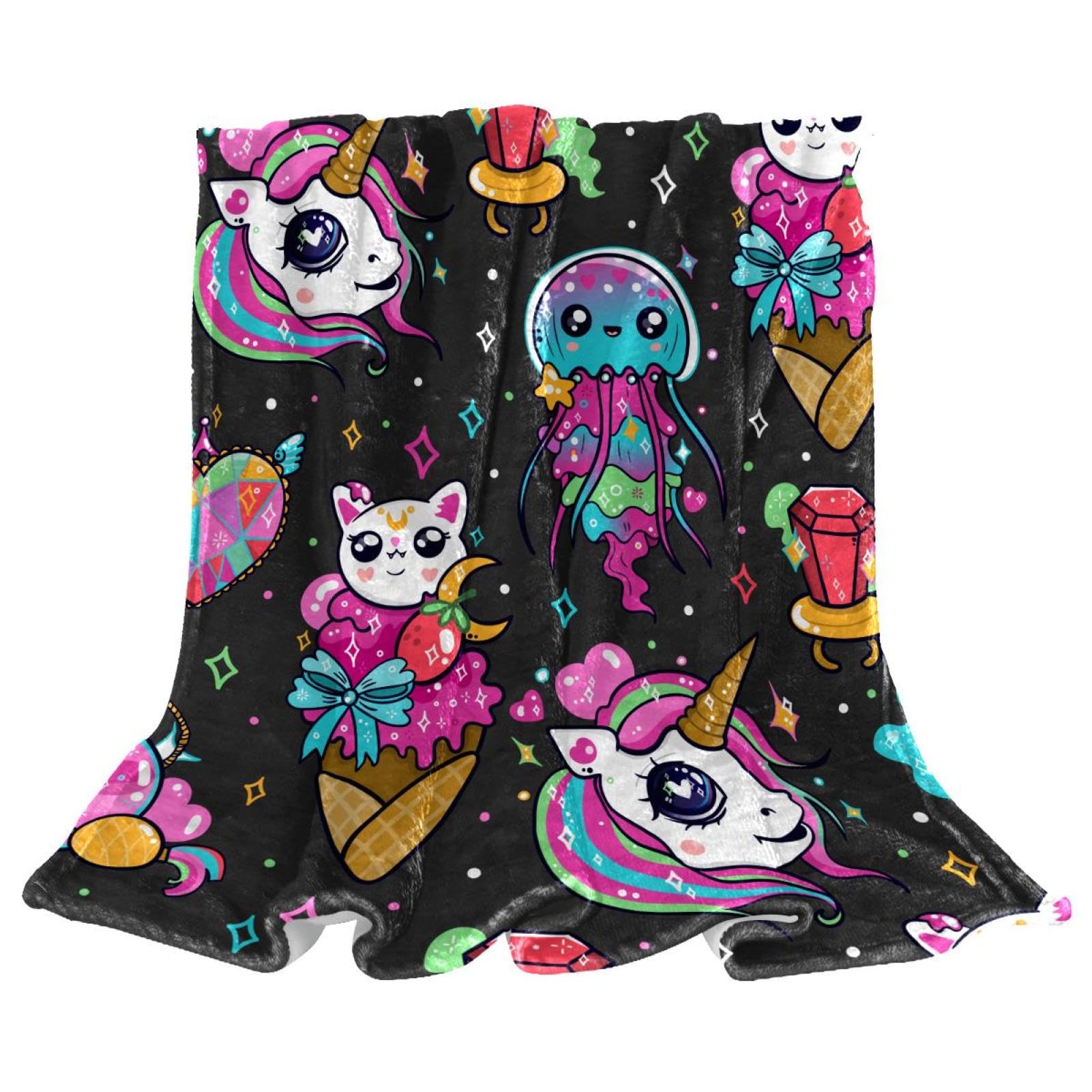 Couverture microfibre chaude jeté de canapé polaire chat licorne 150x130cm