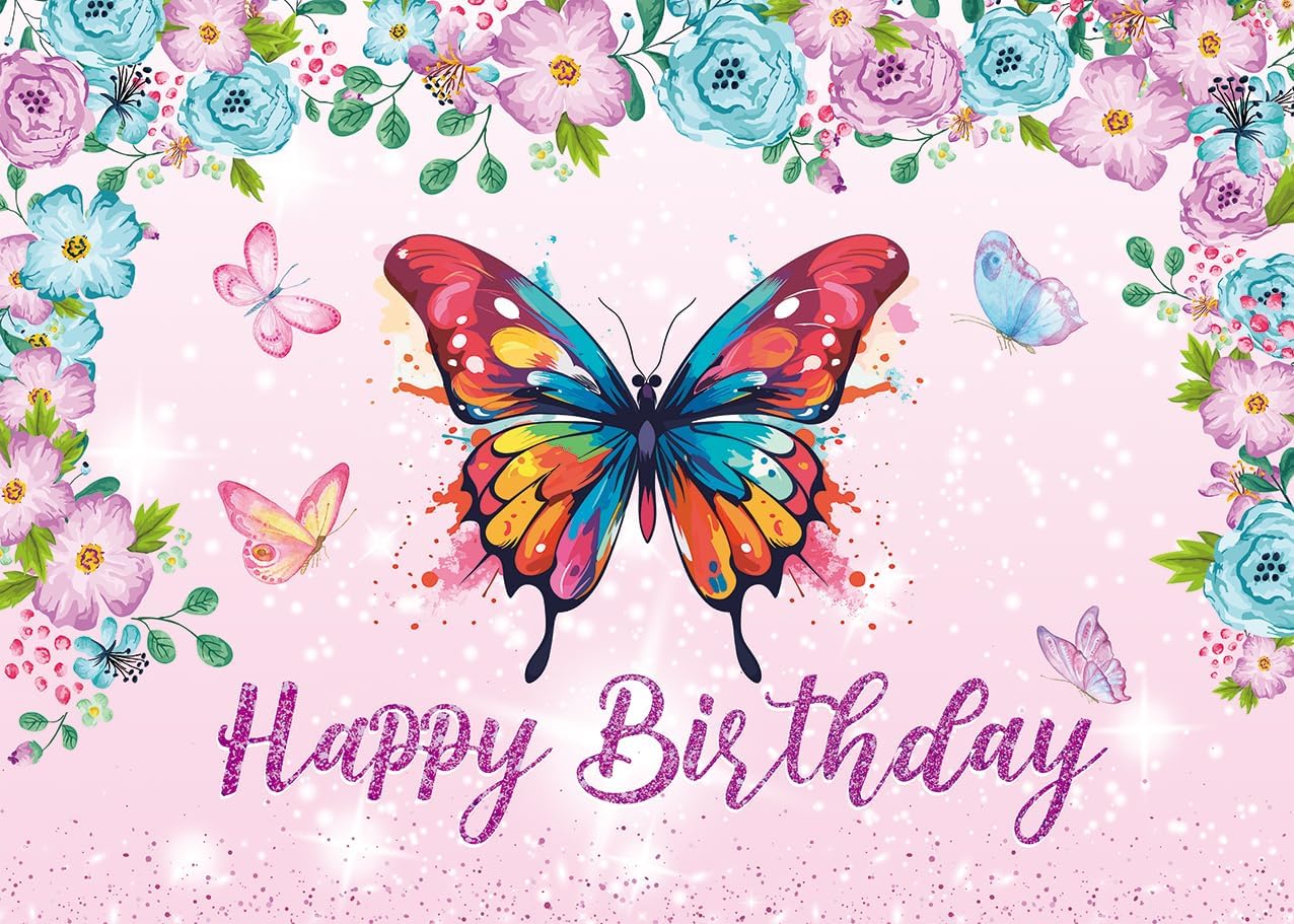 Butterfly Theme Happy Birthday Backdrop Butterfly Flower Princess Birthday Party Decoration Butterfly Baby Shower Girl Party Cake Table Decor (10x8FT)