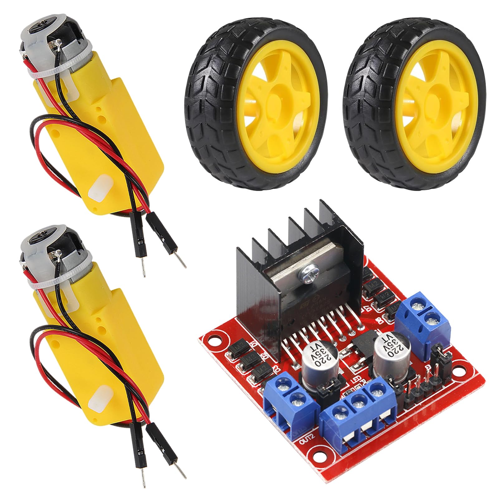 Photo 1 of 2 Set TT Motor with Leads, DC 3-6V Gearbox Motor Dual Shaft 200RPM Ratio 1:48 Motor with Tire Wheel Kit + 1pcs L298N Motor Drive Controller Board for Arduino DIY Smart Car Robot