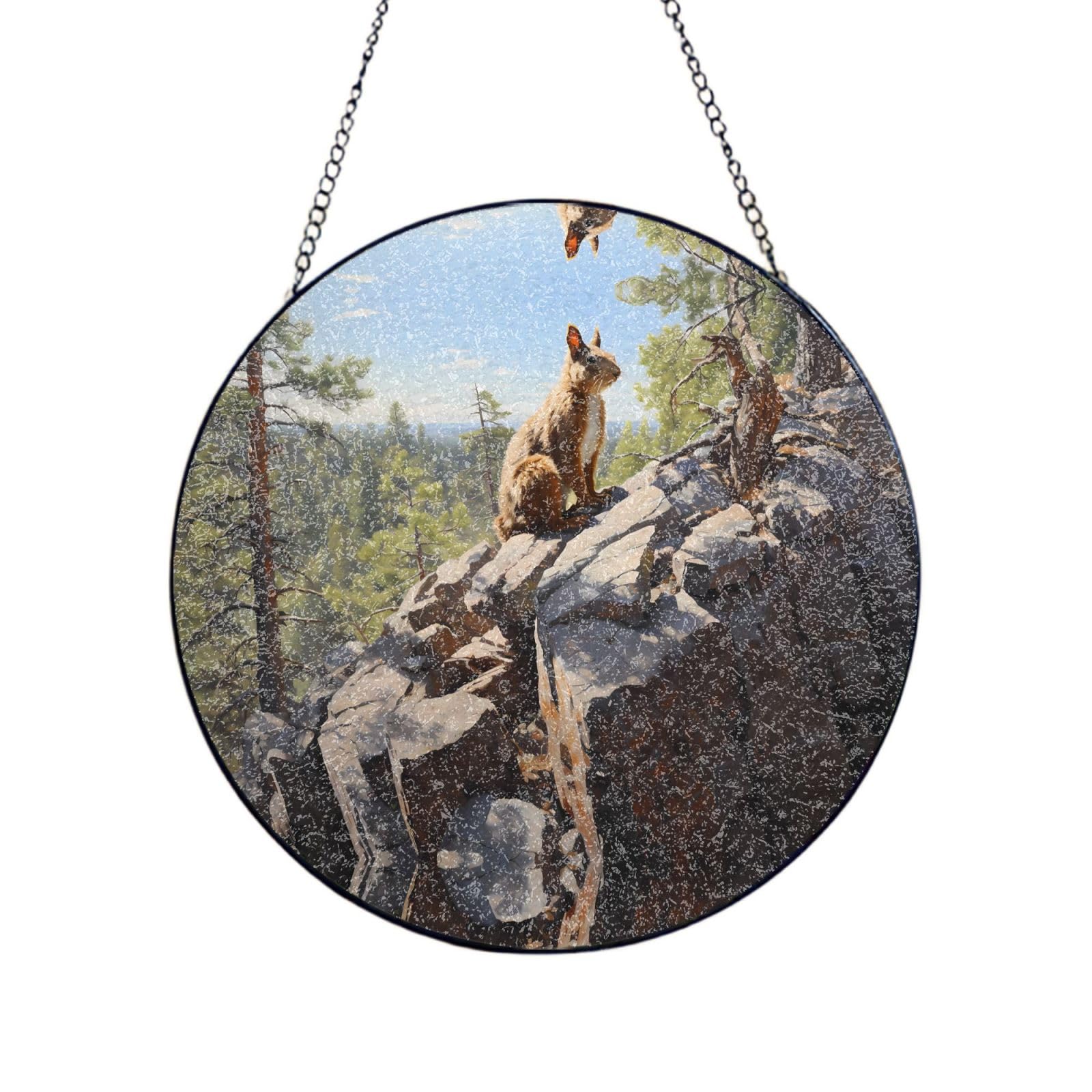 Poezjzw Stained Glass Window Hanging - Squirrel On Rock Sun Catcher For Door Garden Home Decor Christmas Mother'S Day Birthday Gifts 6in（15cm）