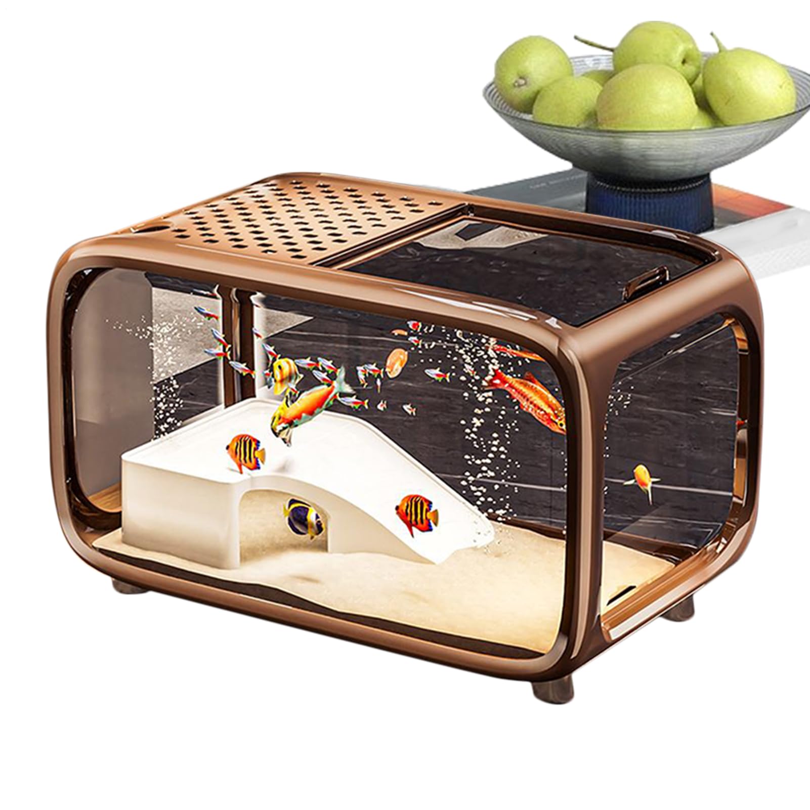 Acuario Pequeño Pecera De Escritorio para Tortugas con Decoración De Escala | Recipiente De Paisaje Acrílico Transparente Con Orificio Para Alimentación Para Animales Acuáticos Como Betta