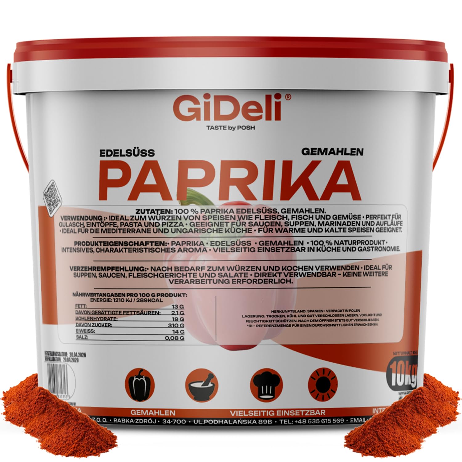 GiDeli Paprika Edelsüß Gemahlen 10kg im Eimer - 100% Paprika ohne Zusätze - Vegan & Glutenfrei - Spanisches Paprikapulver & Pimentón - Mildes Aroma - Rotes Gewürzpulver - Ideal für Gulasch & Pasta